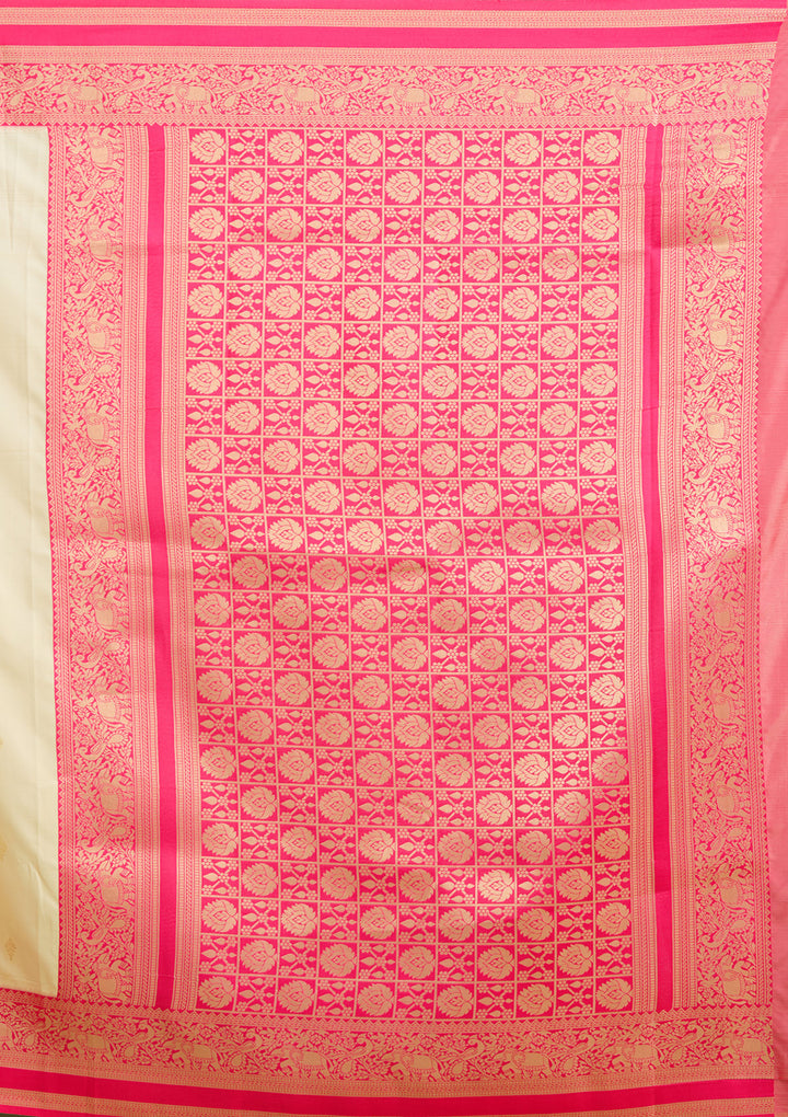 Cream Silk Buti Gold Zariwork Saree With Matching Blouse Piece