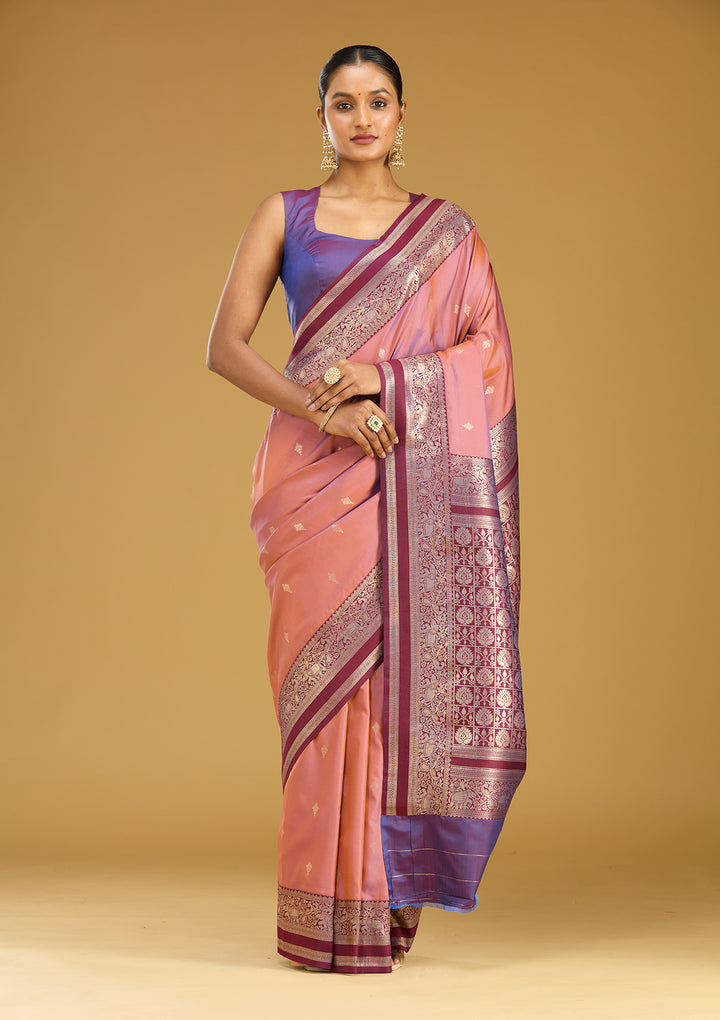 Onion Pink Silk Buti Gold Zariwork Saree With Matching Blouse Piece