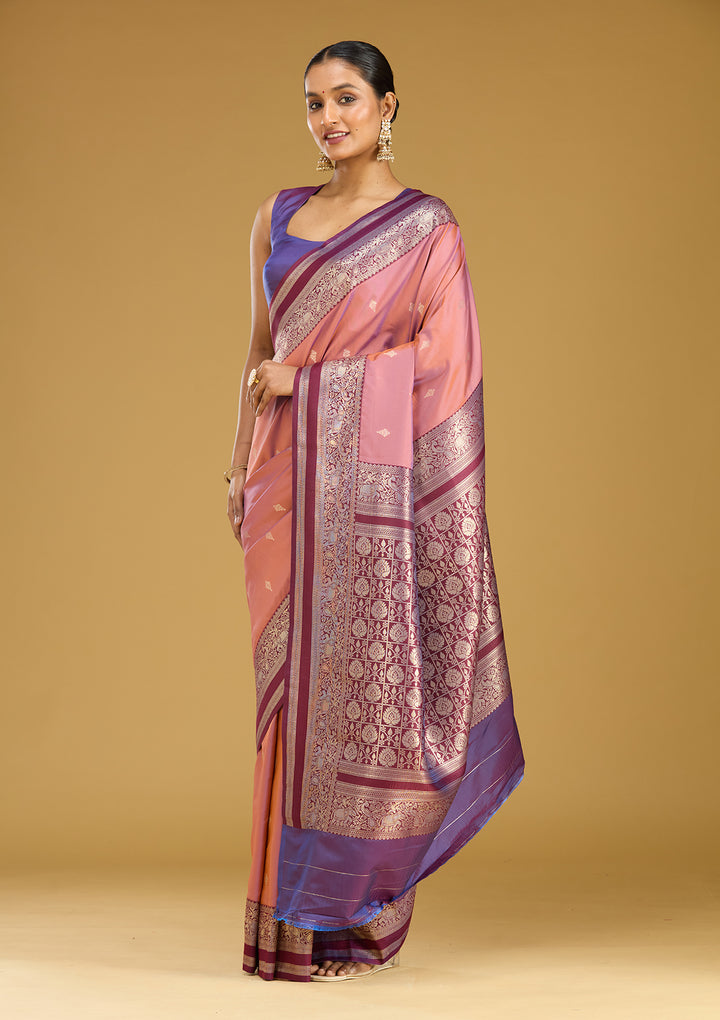 Onion Pink Silk Buti Gold Zariwork Saree With Matching Blouse Piece