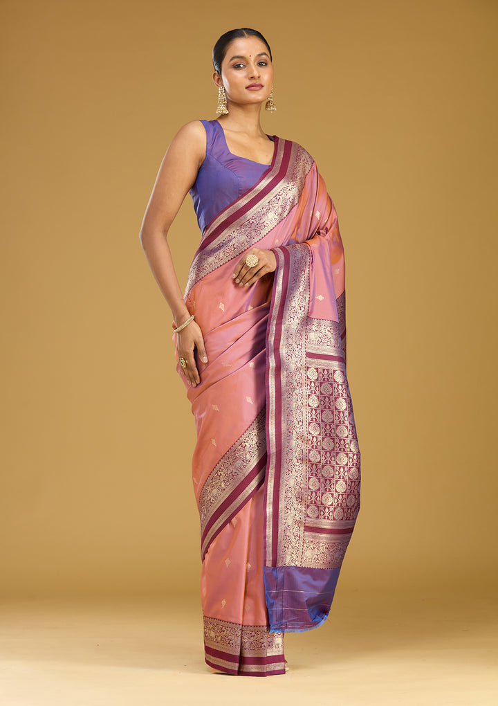 Onion Pink Silk Buti Gold Zariwork Saree With Matching Blouse Piece