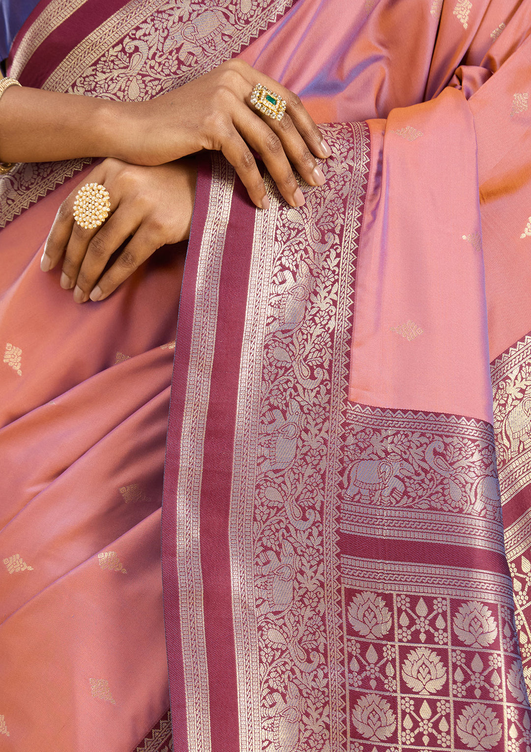 Onion Pink Silk Buti Gold Zariwork Saree With Matching Blouse Piece
