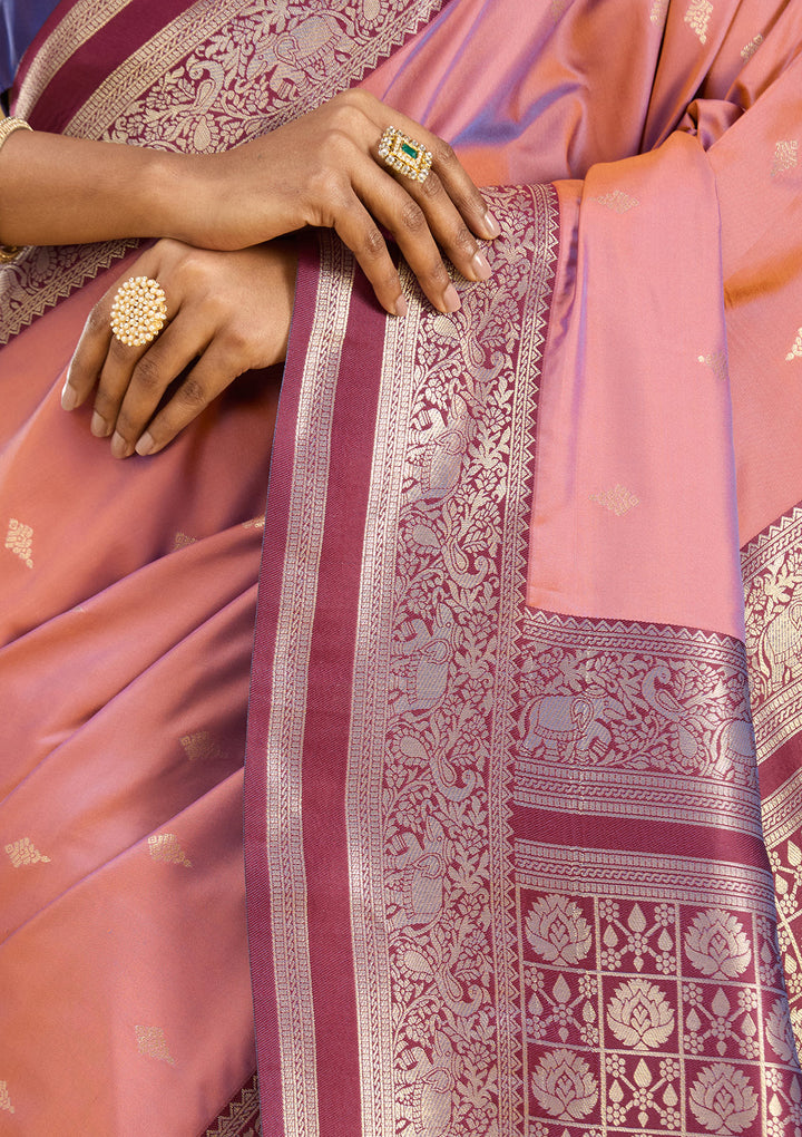 Onion Pink Silk Buti Gold Zariwork Saree With Matching Blouse Piece