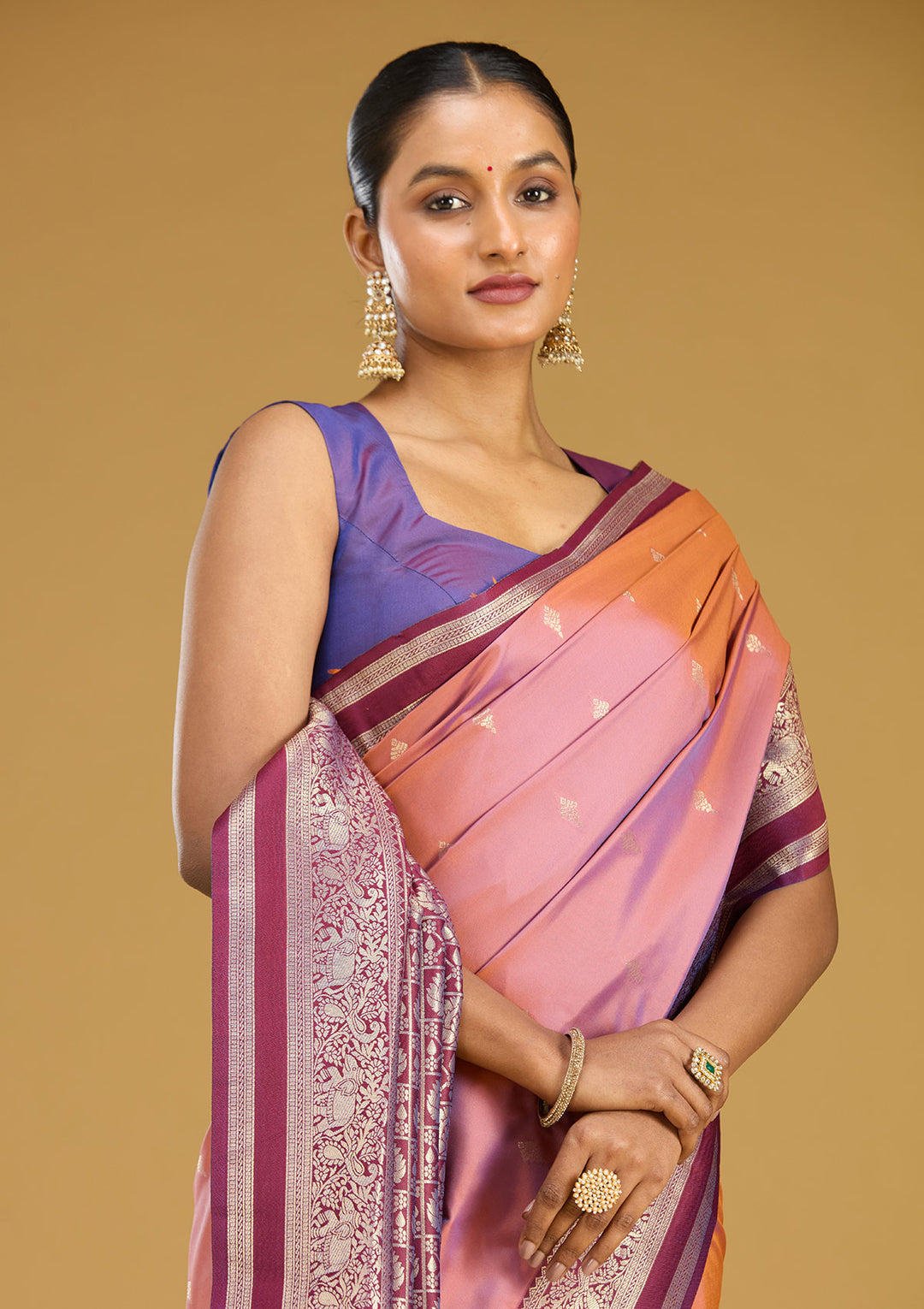 Onion Pink Silk Buti Gold Zariwork Saree With Matching Blouse Piece