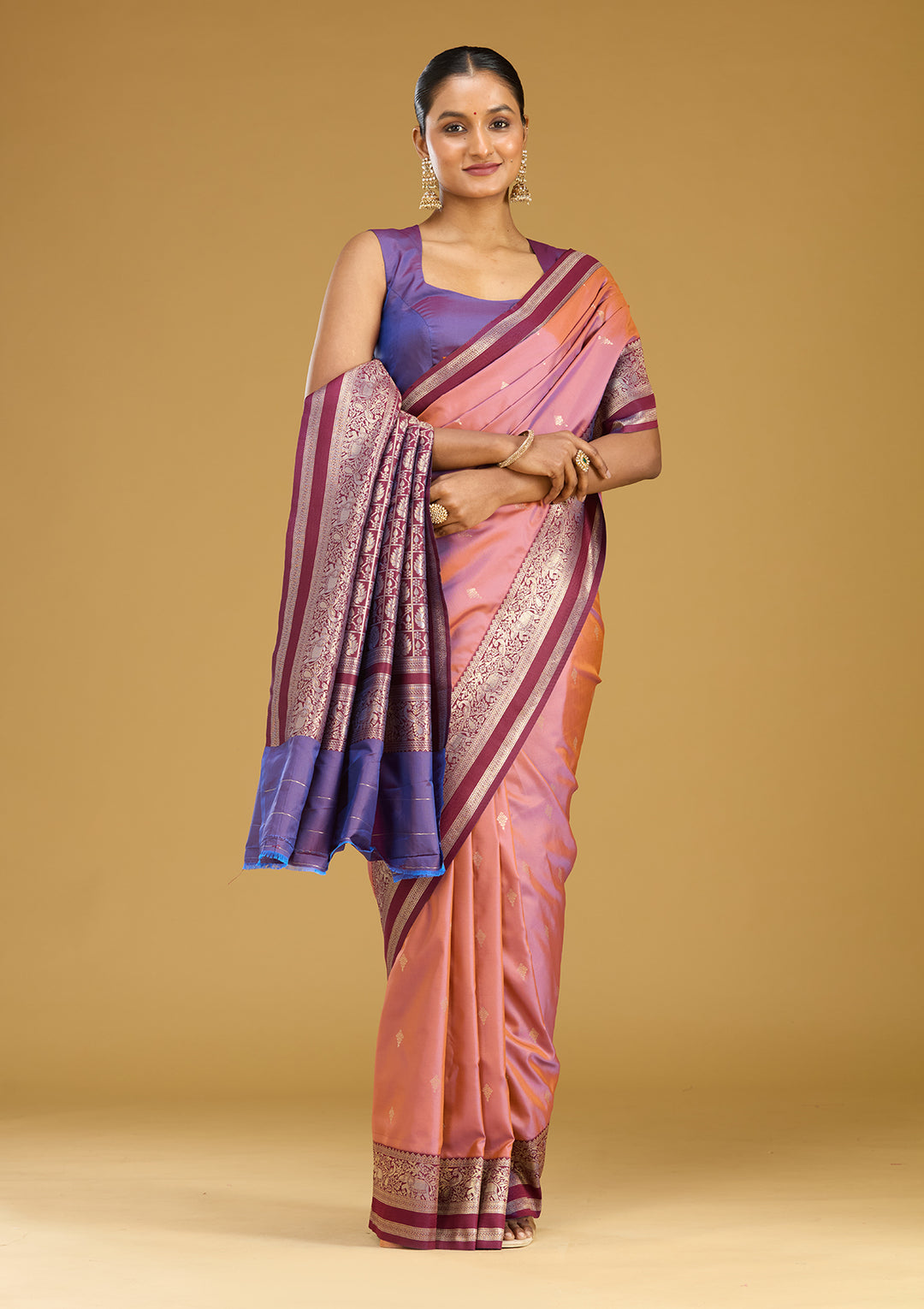 Onion Pink Silk Buti Gold Zariwork Saree With Matching Blouse Piece