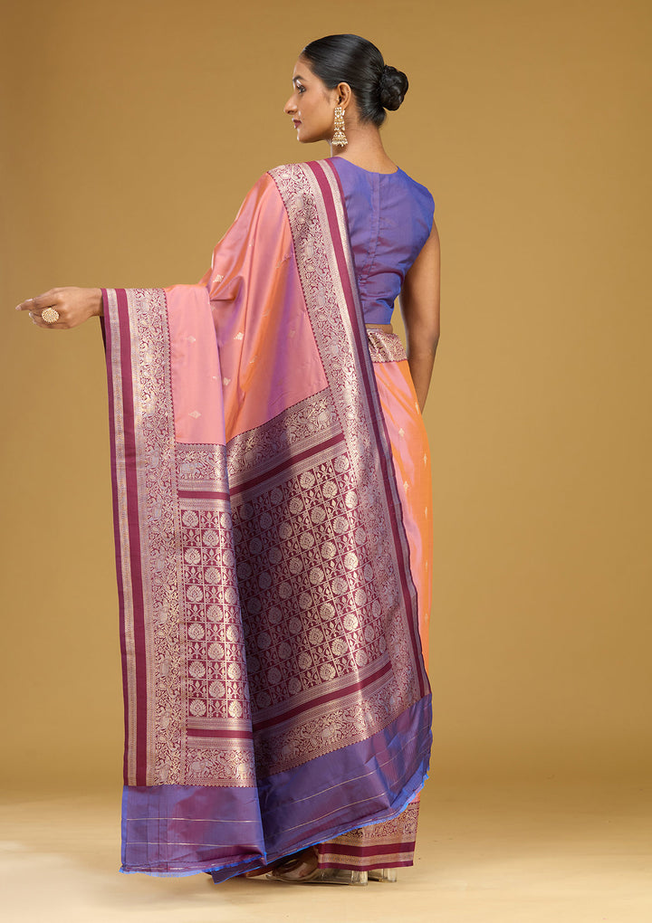 Onion Pink Silk Buti Gold Zariwork Saree With Matching Blouse Piece