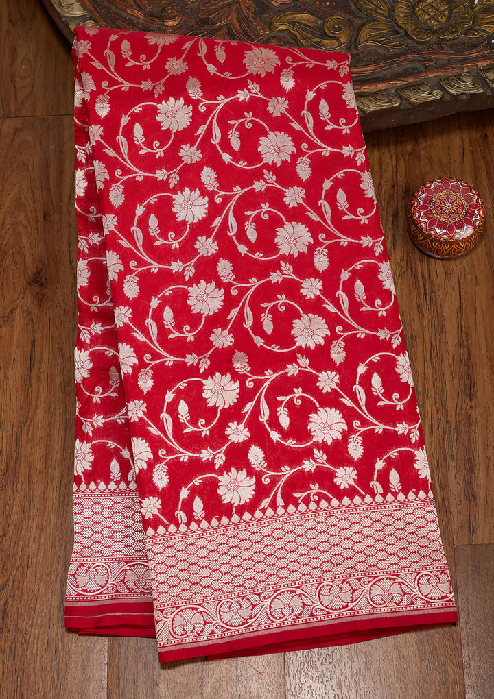 Red Silk Jaal Zariwork Saree With Matching Blouse Piece
