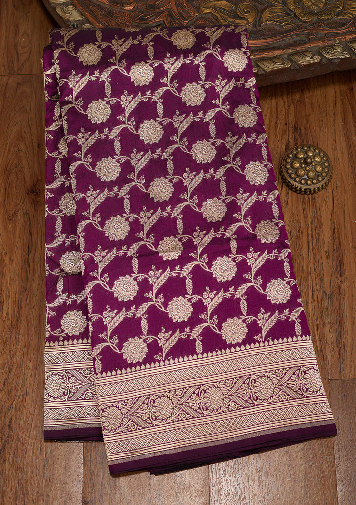 Wine Silk Jaal Zariwork Saree With Matching Blouse Piece