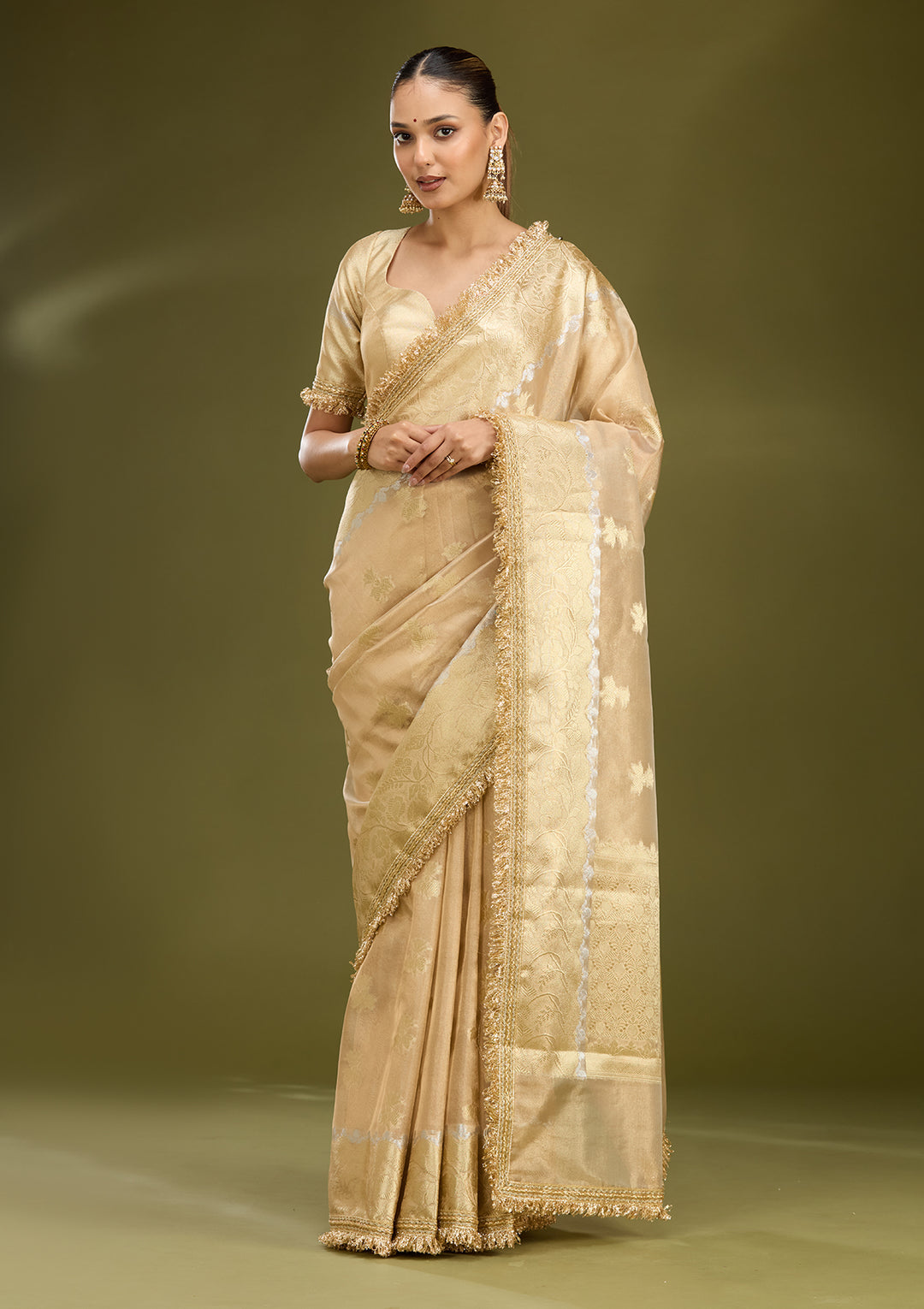 Beige Tissue Buti Gold Zariwork Saree With Matching Blouse Piece