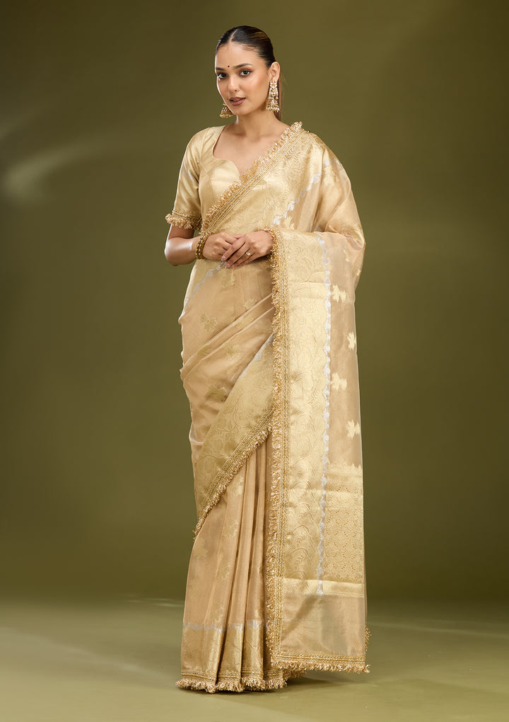 Beige Tissue Buti Gold Zariwork Saree With Matching Blouse Piece