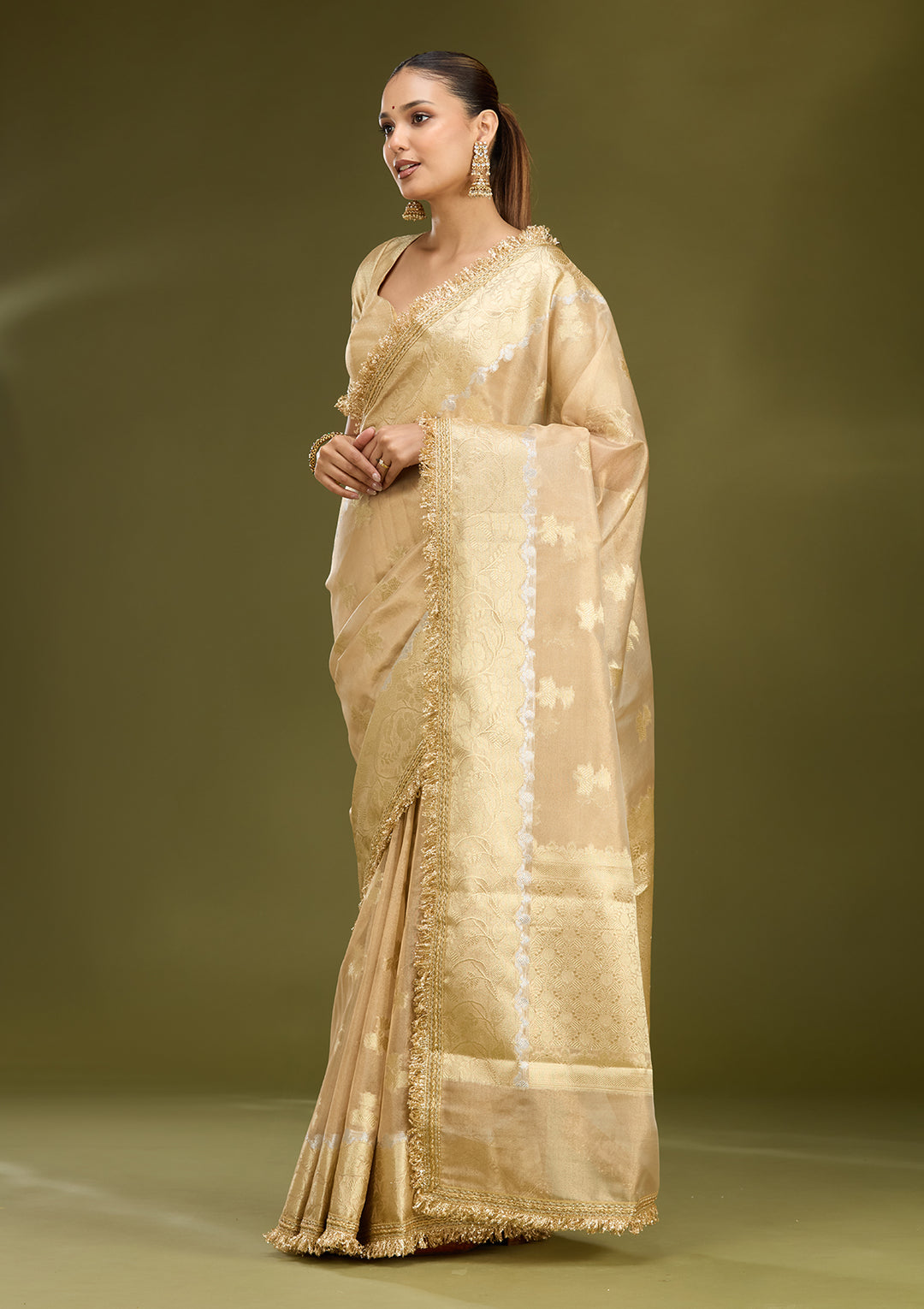 Beige Tissue Buti Gold Zariwork Saree With Matching Blouse Piece