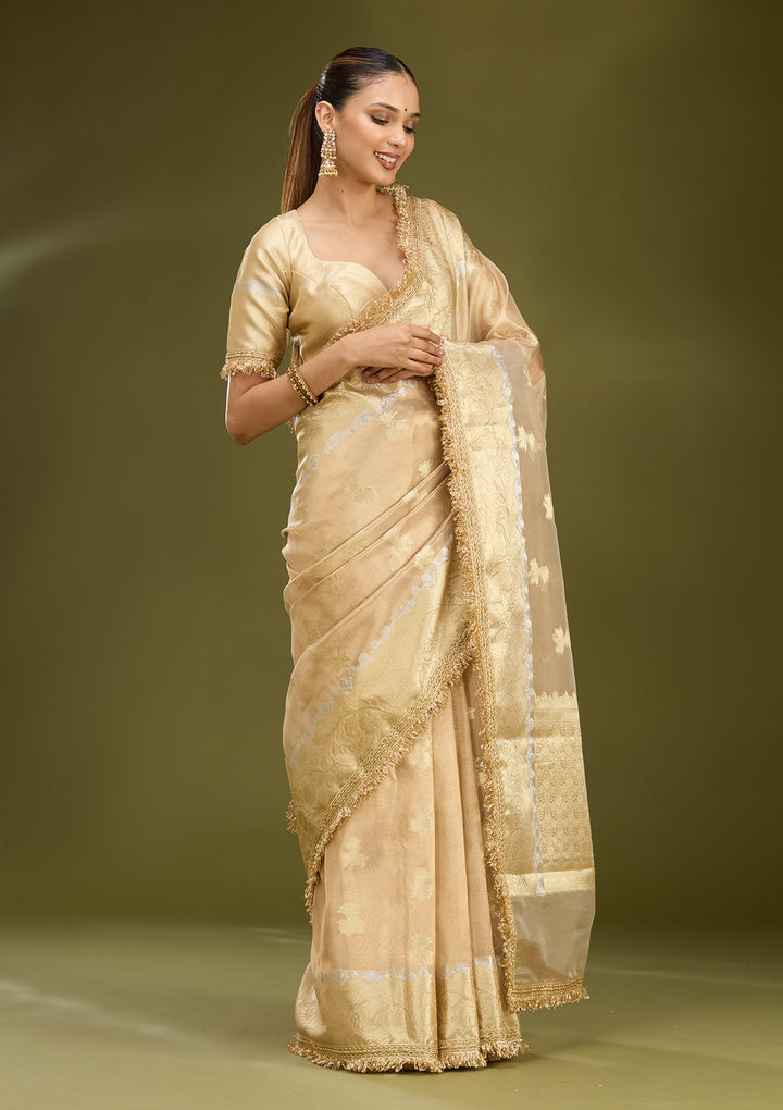 Beige Tissue Buti Gold Zariwork Saree With Matching Blouse Piece