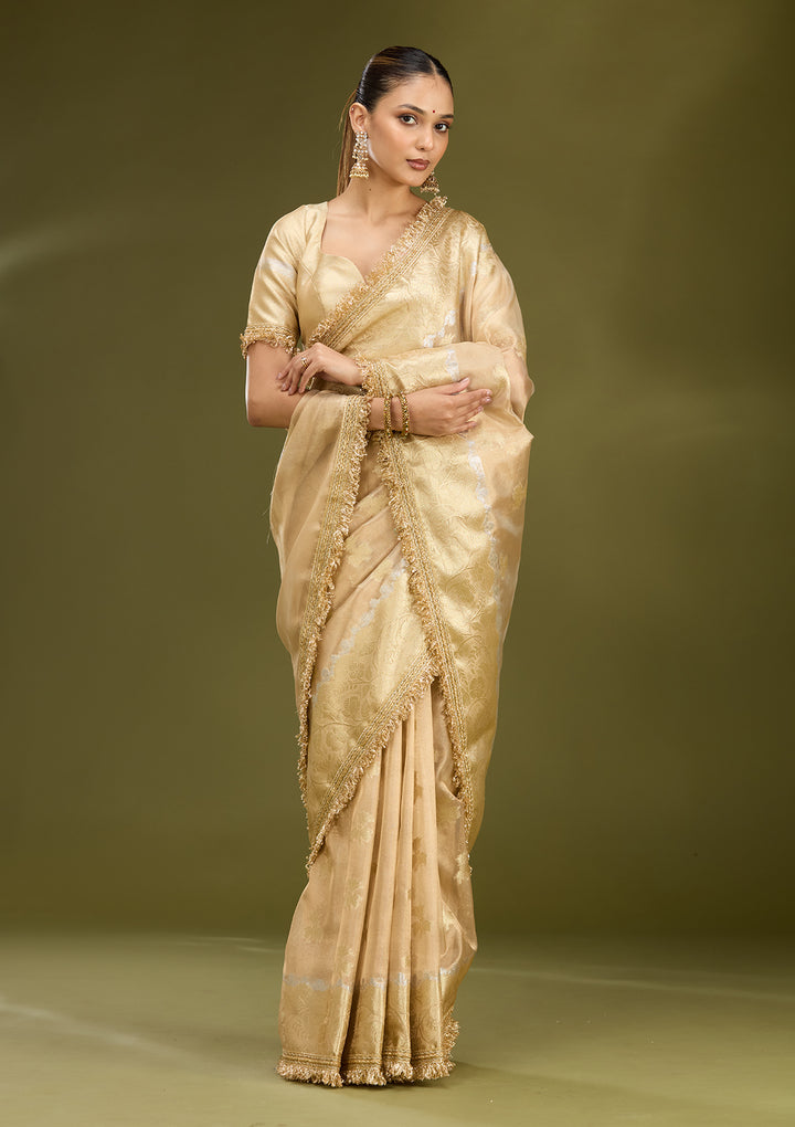 Beige Tissue Buti Gold Zariwork Saree With Matching Blouse Piece