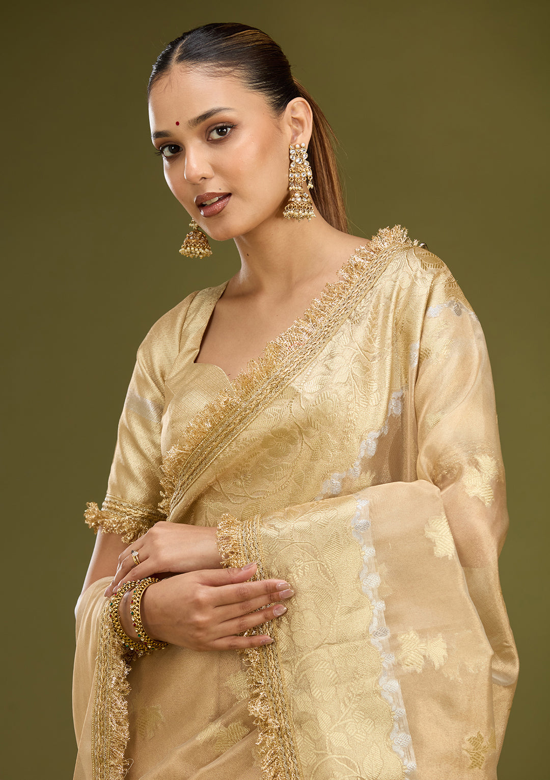 Beige Tissue Buti Gold Zariwork Saree With Matching Blouse Piece