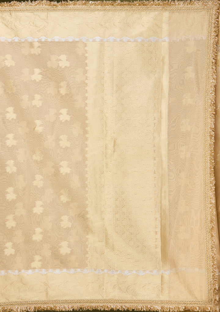 Beige Tissue Buti Gold Zariwork Saree With Matching Blouse Piece