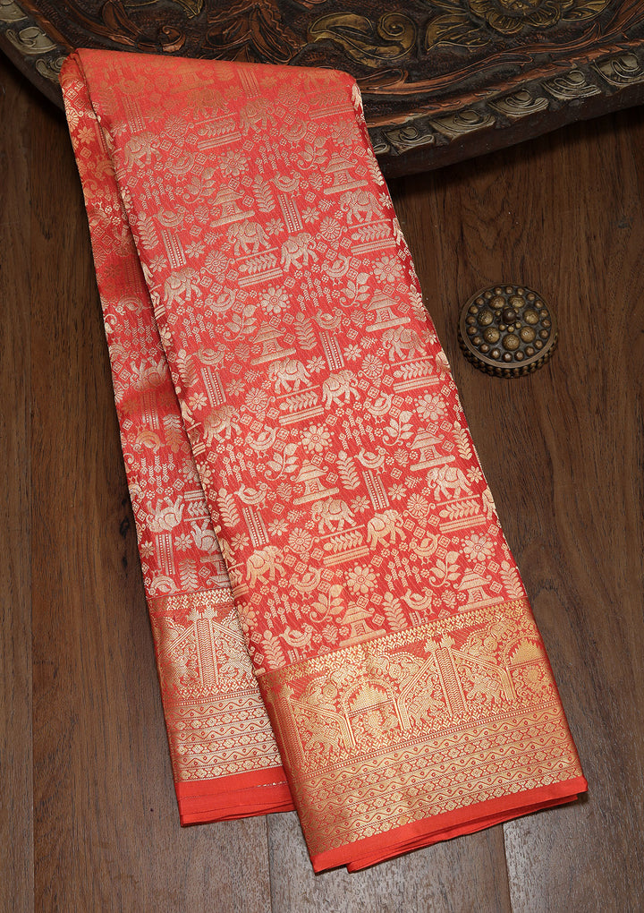 Red Silk Jaal Saree With Matching Blouse Piece