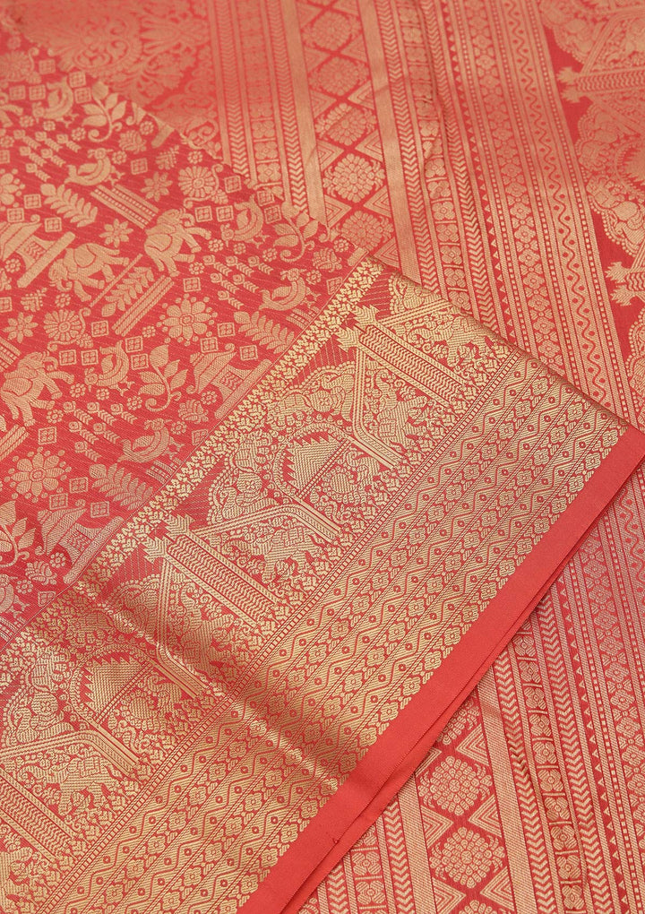 Red Silk Jaal Saree With Matching Blouse Piece