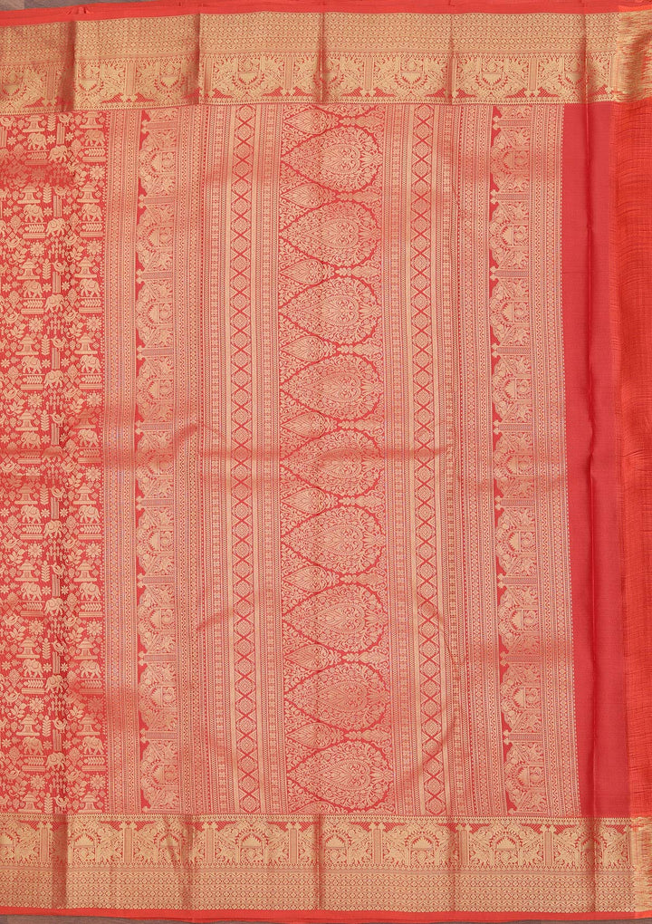 Red Silk Jaal Saree With Matching Blouse Piece