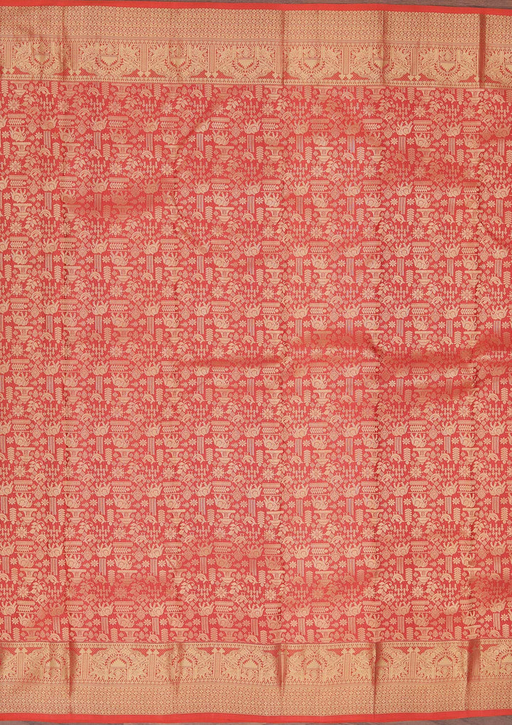 Red Silk Jaal Saree With Matching Blouse Piece