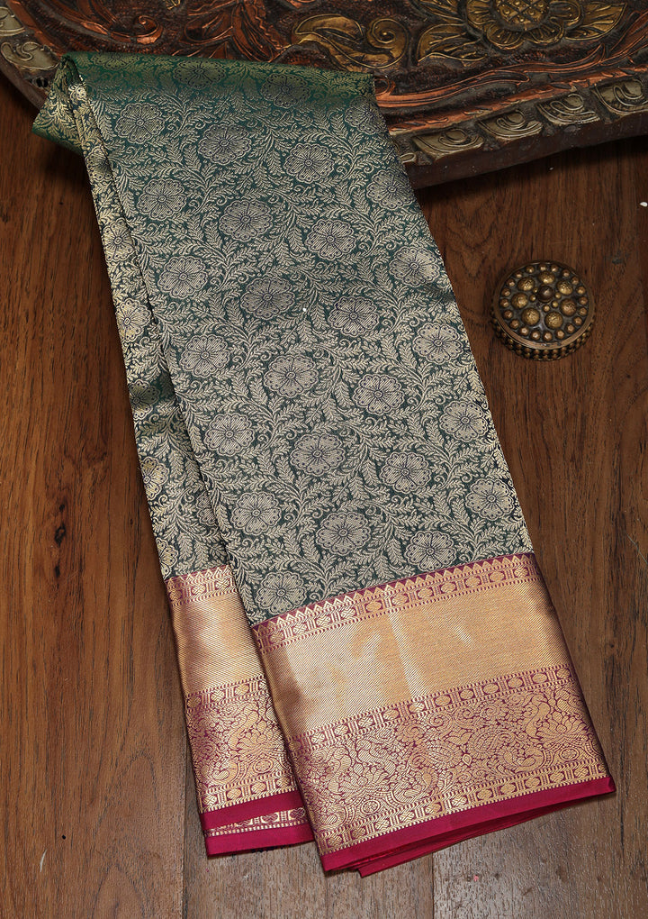 Bottle Green Pure Silk Jaal Zariwork Saree With Matching Blouse Piece