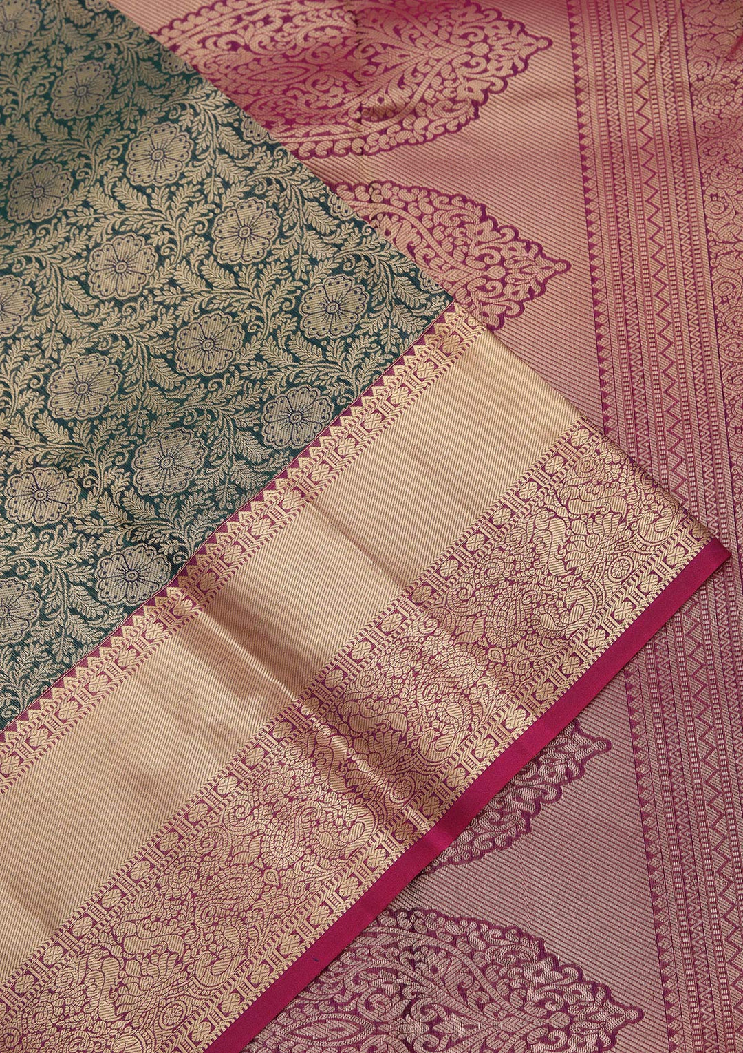 Bottle Green Pure Silk Jaal Zariwork Saree With Matching Blouse Piece