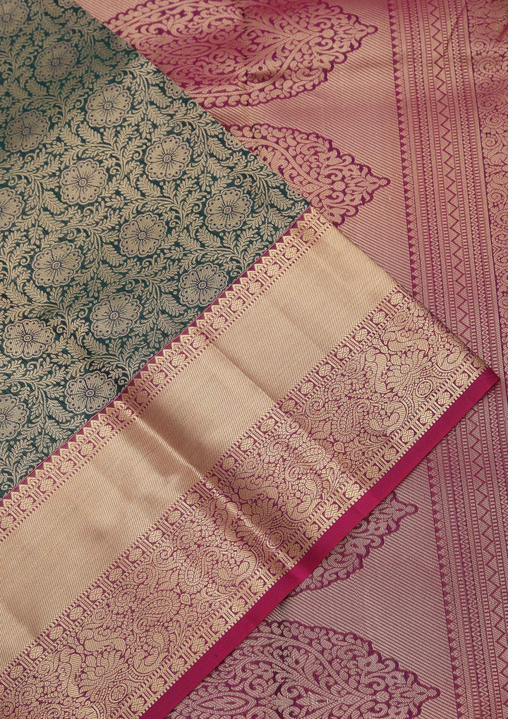 Bottle Green Pure Silk Jaal Zariwork Saree With Matching Blouse Piece