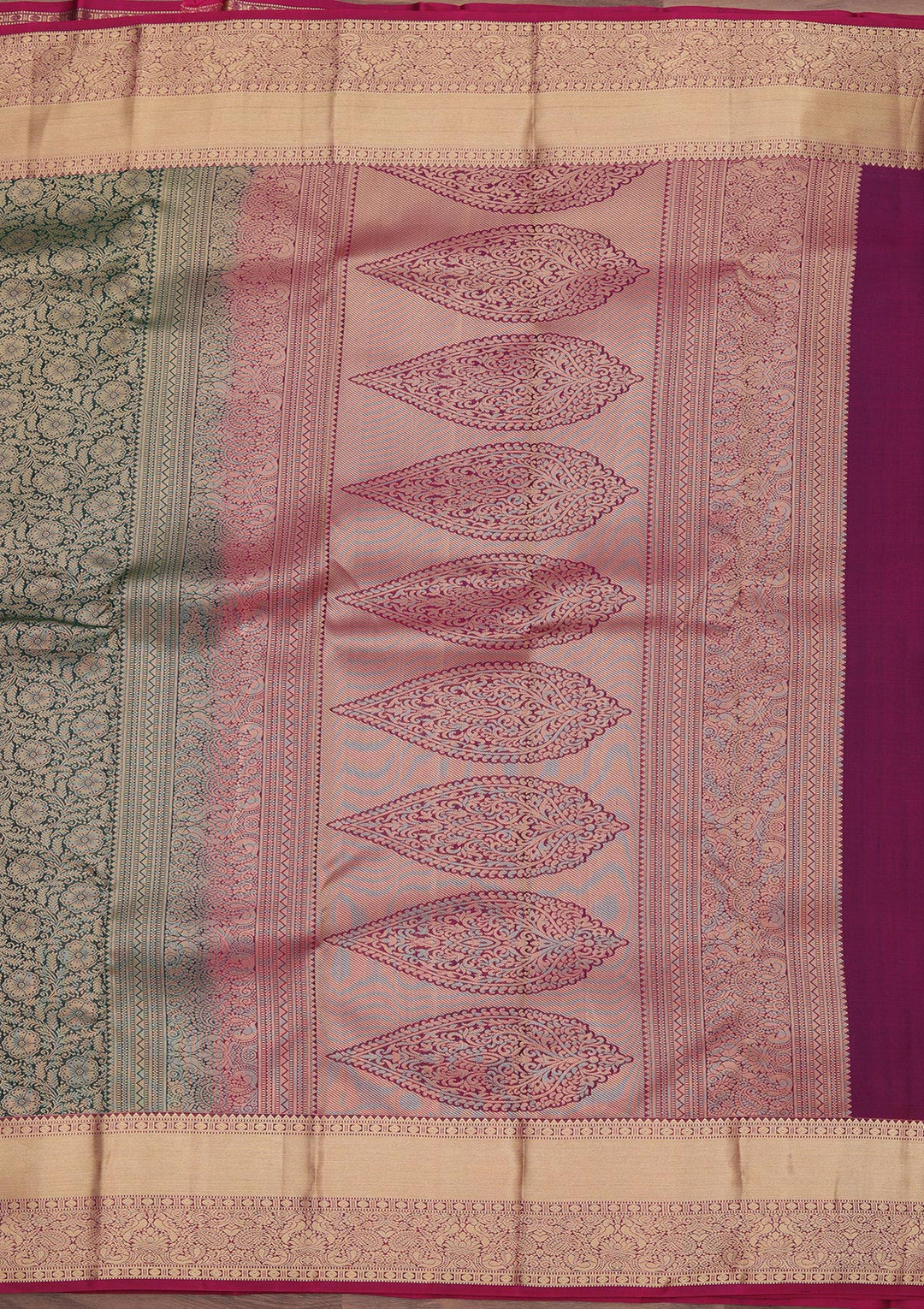Bottle Green Pure Silk Jaal Zariwork Saree With Matching Blouse Piece