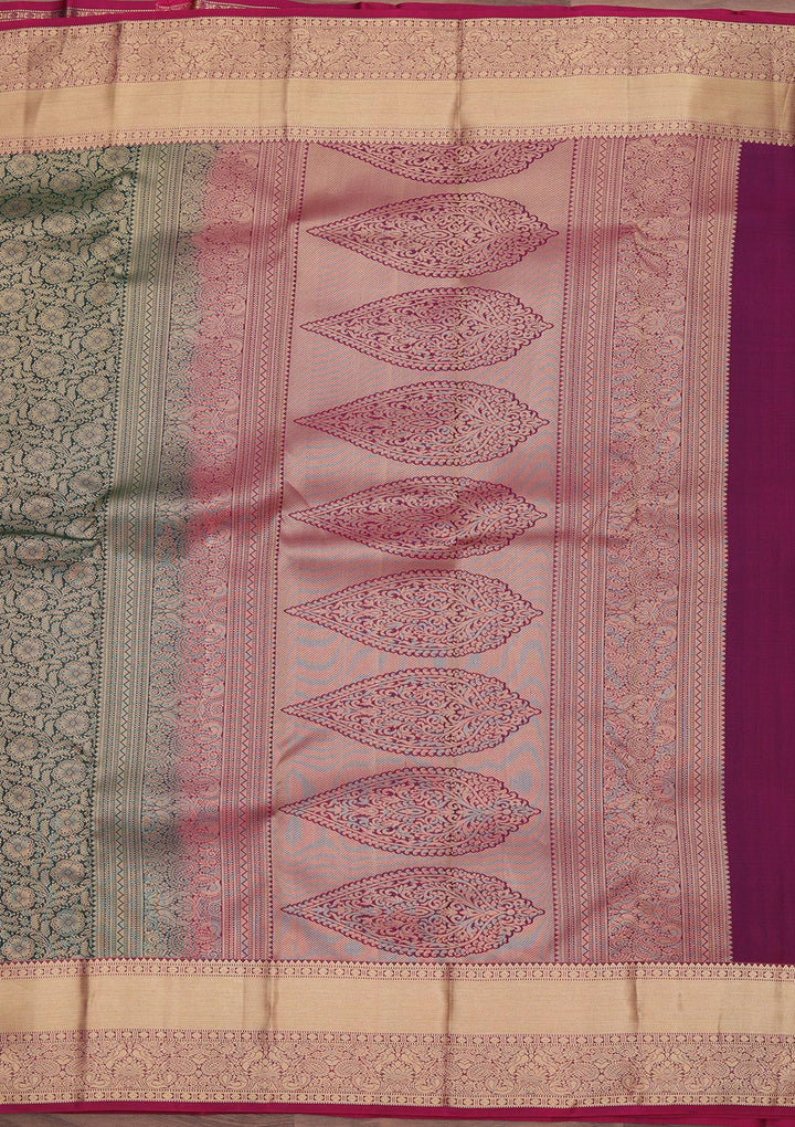 Bottle Green Pure Silk Jaal Zariwork Saree With Matching Blouse Piece