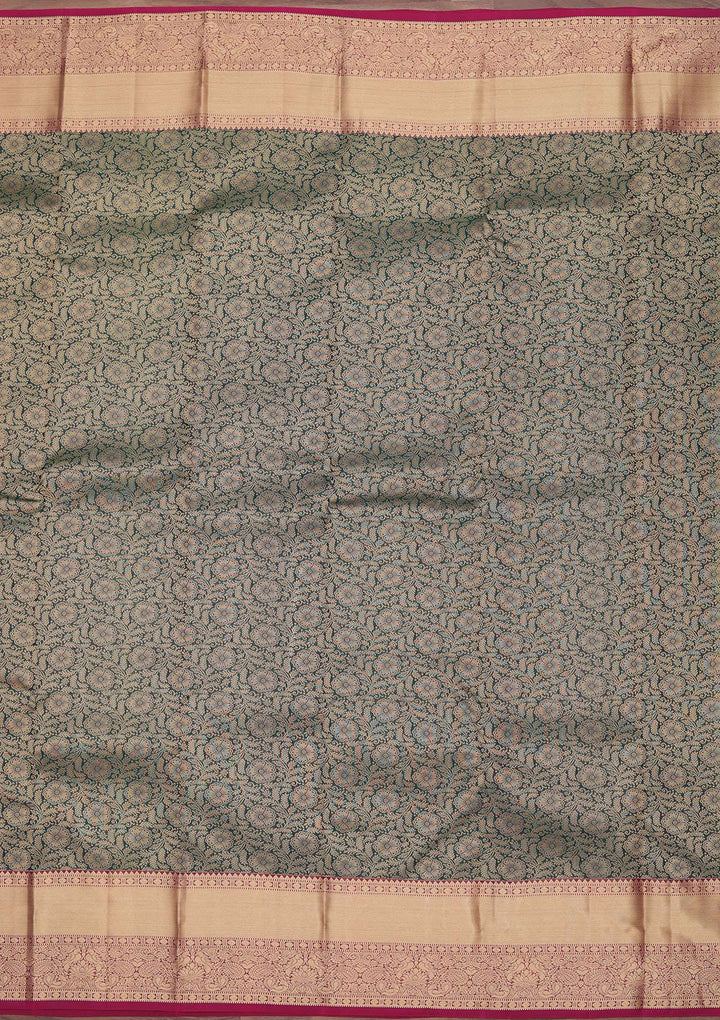 Bottle Green Pure Silk Jaal Zariwork Saree With Matching Blouse Piece