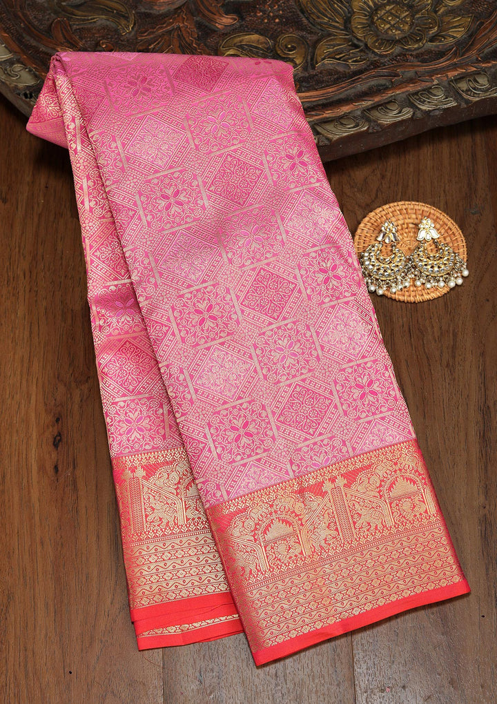 Onion Pink Pure Silk Jaal Zariwork Saree With Matching Blouse Piece