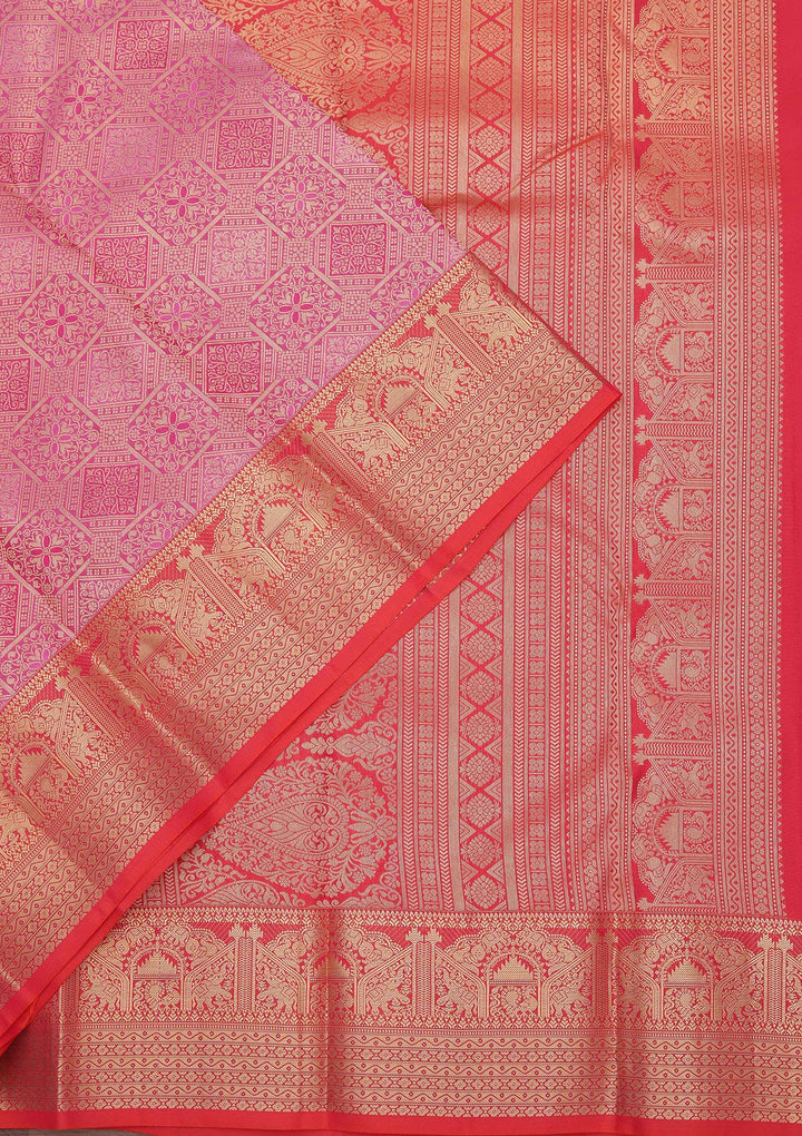 Onion Pink Pure Silk Jaal Zariwork Saree With Matching Blouse Piece