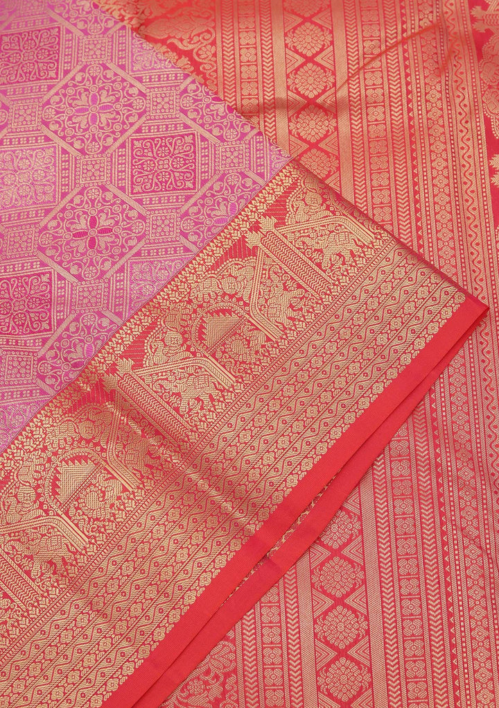 Onion Pink Pure Silk Jaal Zariwork Saree With Matching Blouse Piece