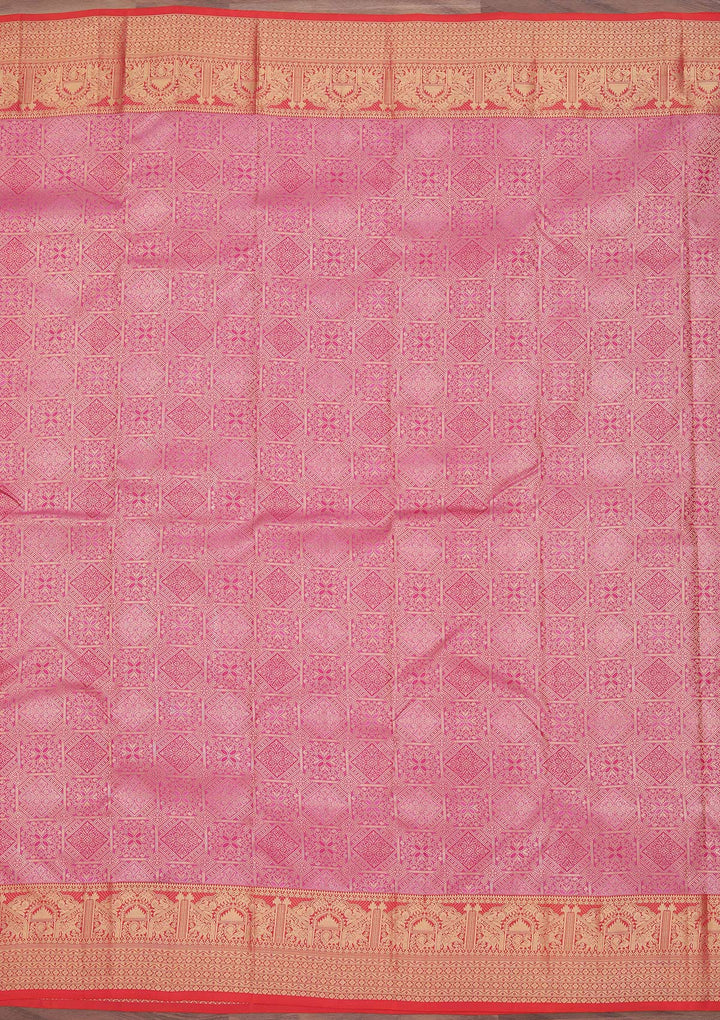 Onion Pink Pure Silk Jaal Zariwork Saree With Matching Blouse Piece
