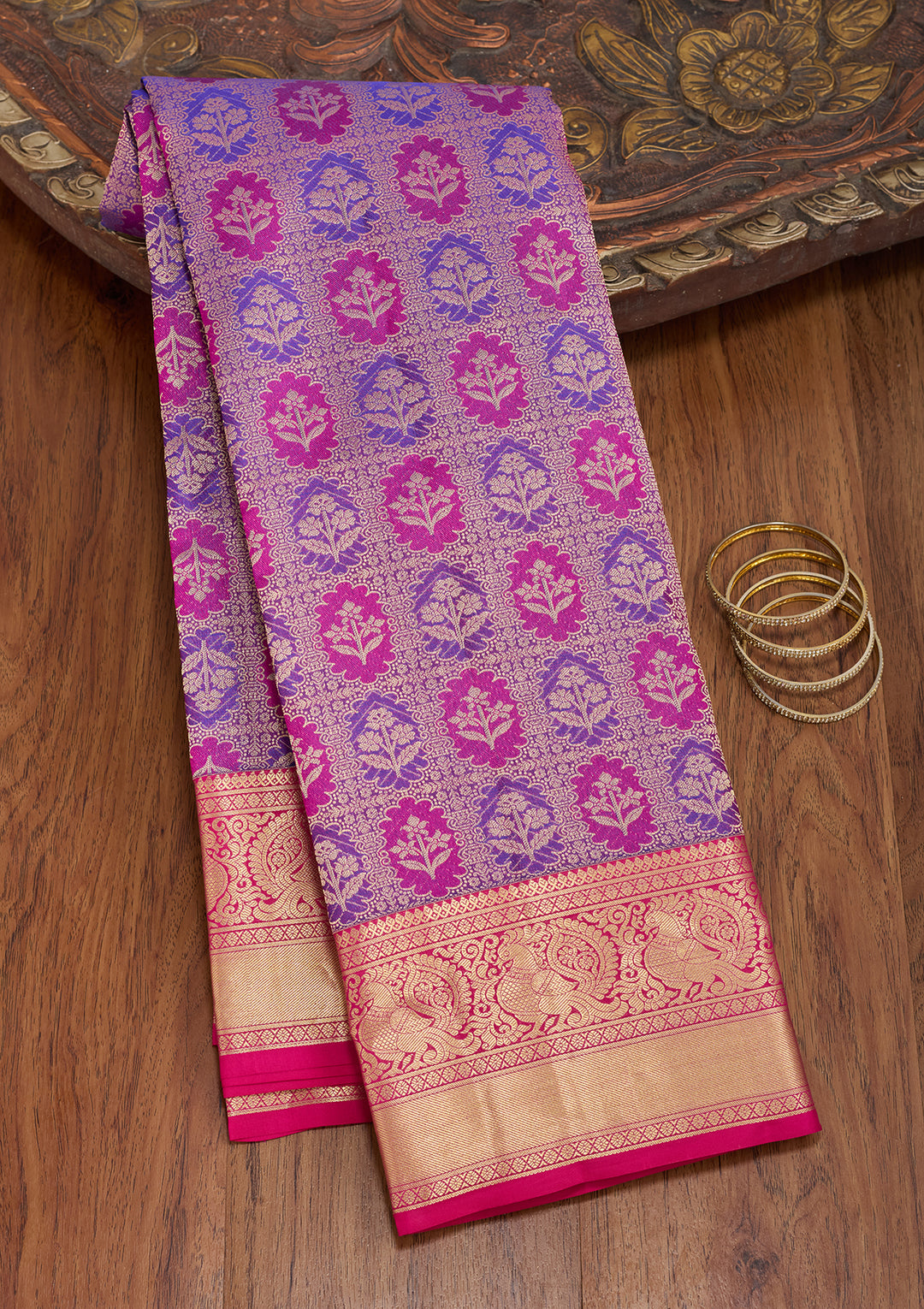 Purple Silk Jaal Gold Zariwork Saree With Matching Blouse Piece