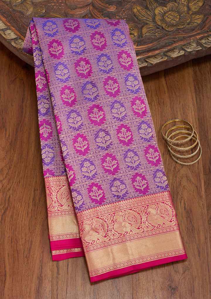 Purple Silk Jaal Gold Zariwork Saree With Matching Blouse Piece