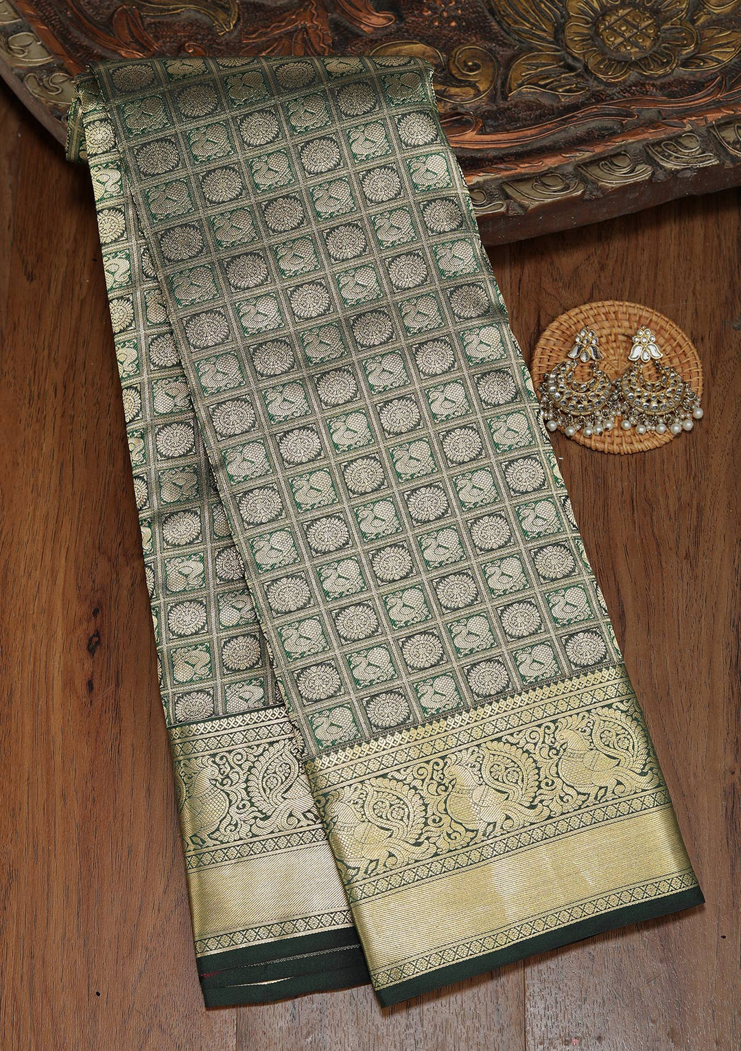 Bottle Green Zariwork Pure Silk Saree