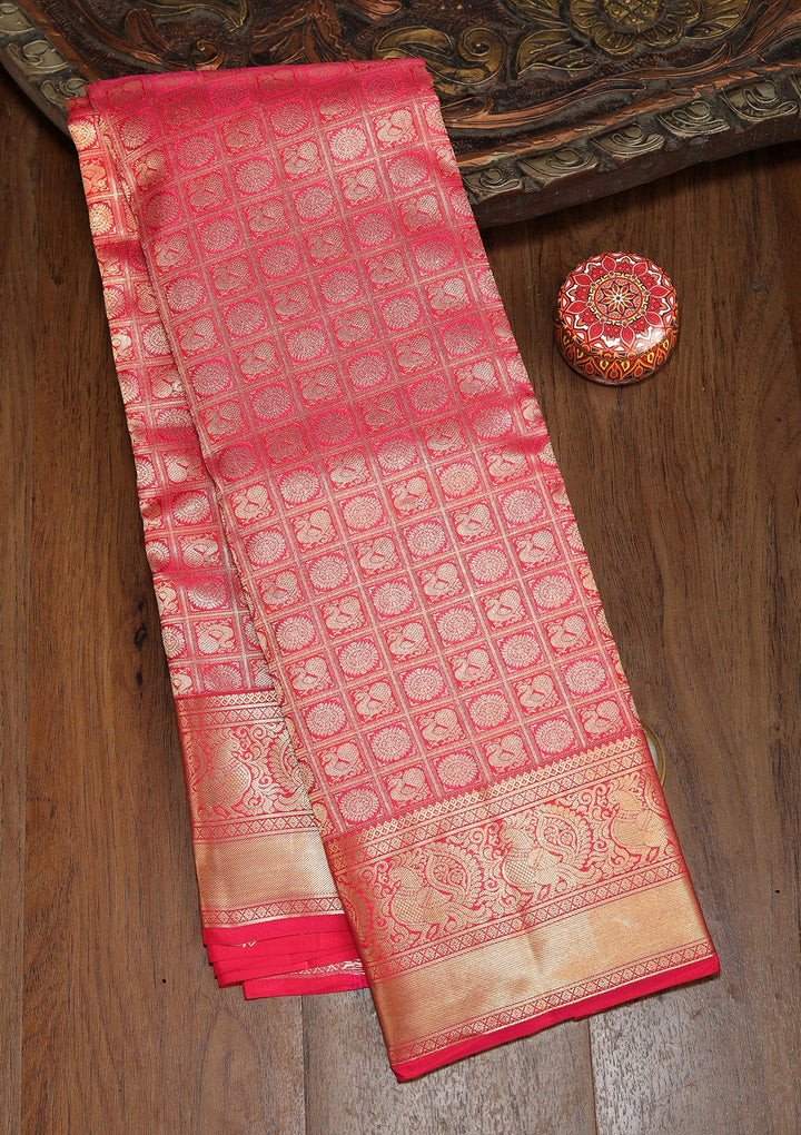 Red Silk Jaal Gold Zariwork Saree With Matching Blouse Piece