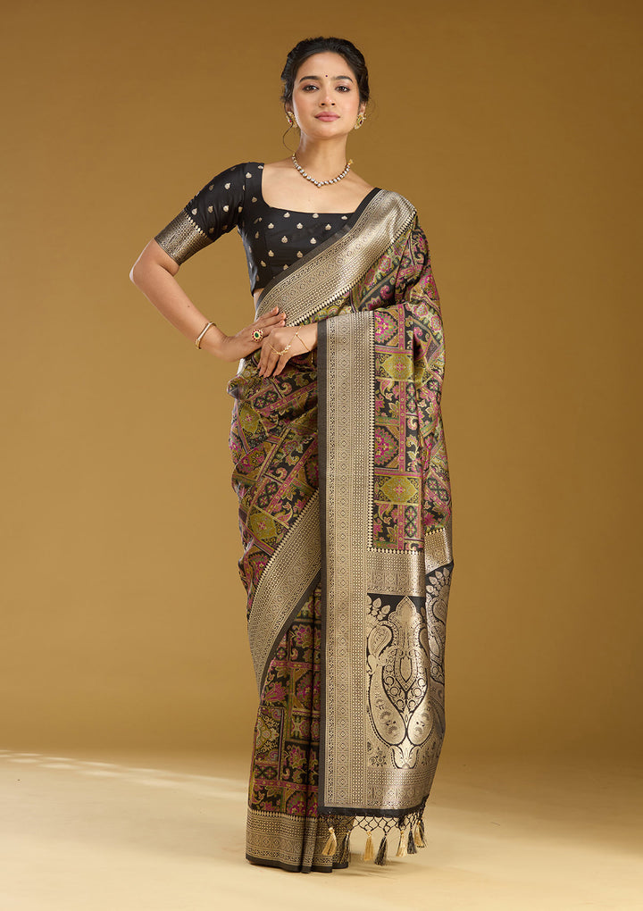 Black Silk Jaal Printed Saree With Matching Blouse Piece