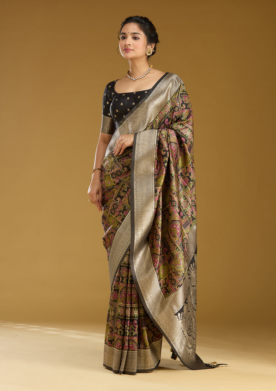 Black Silk Jaal Printed Saree With Matching Blouse Piece