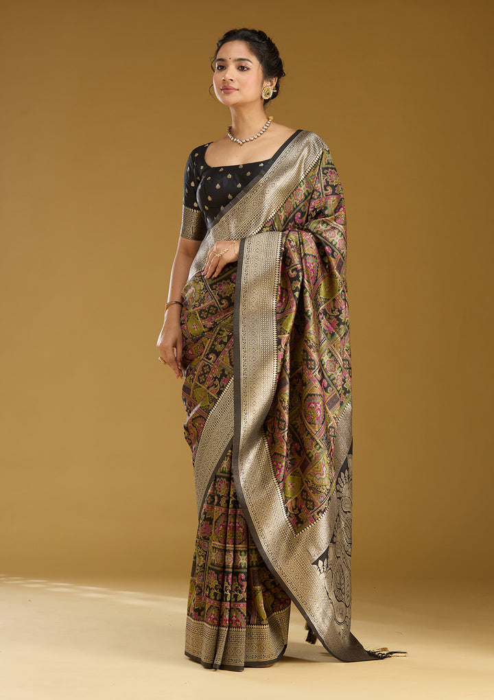 Black Silk Jaal Printed Saree With Matching Blouse Piece