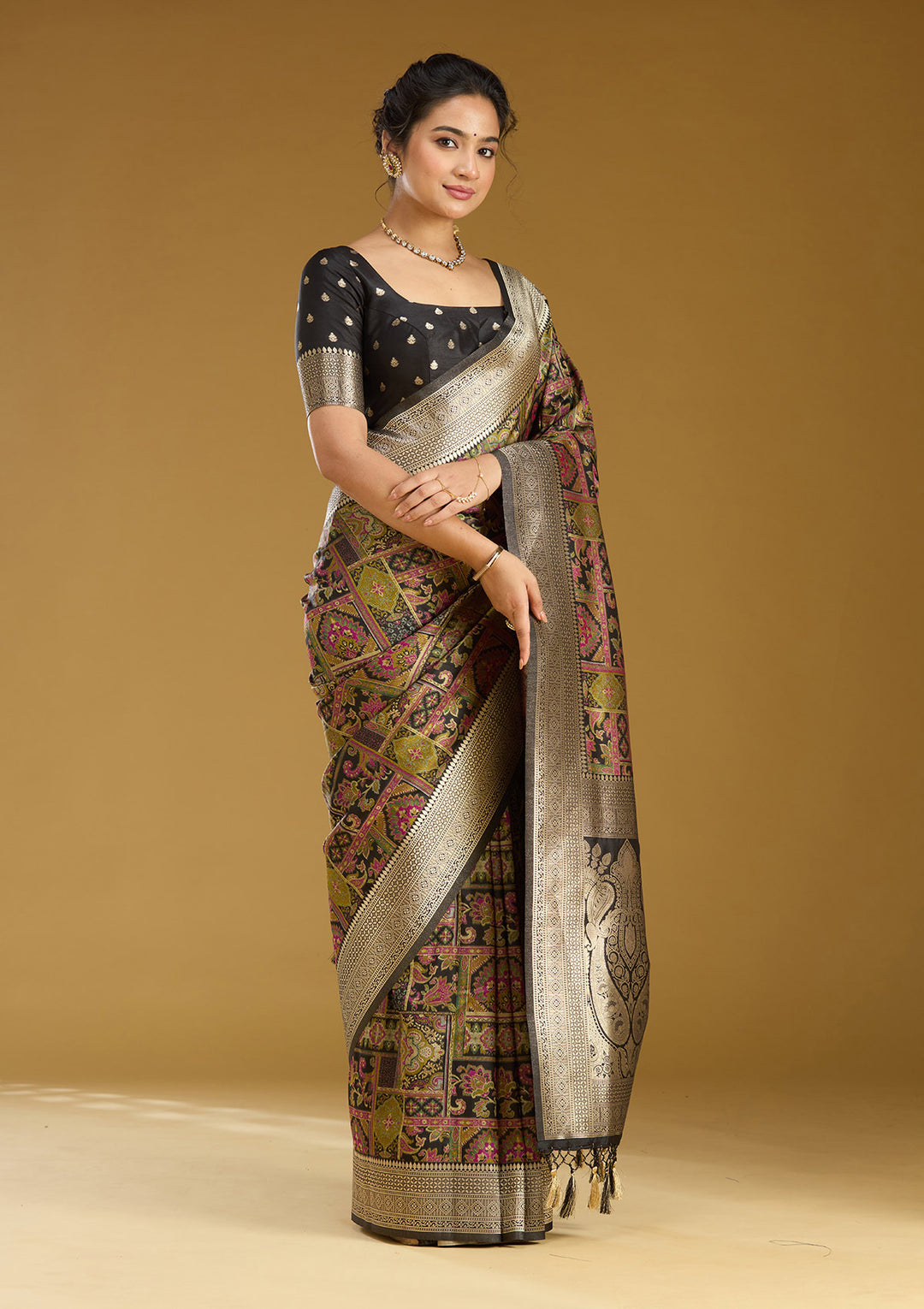 Black Silk Jaal Printed Saree With Matching Blouse Piece