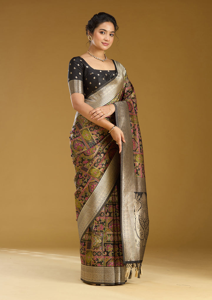 Black Silk Jaal Printed Saree With Matching Blouse Piece