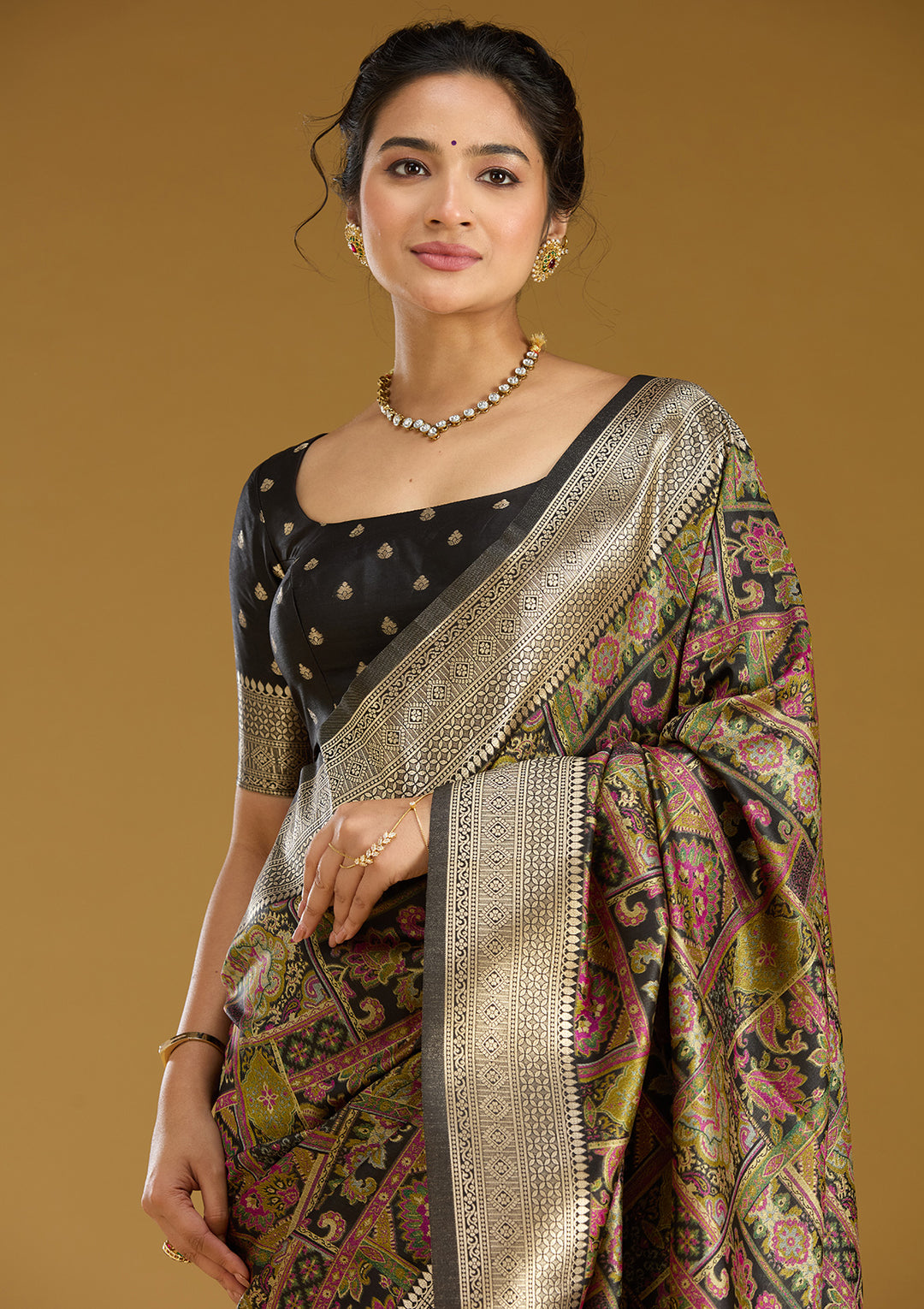 Black Silk Jaal Printed Saree With Matching Blouse Piece