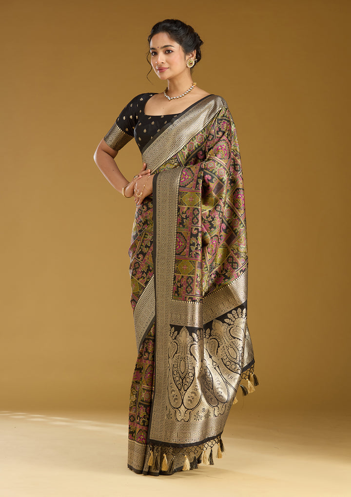 Black Silk Jaal Printed Saree With Matching Blouse Piece