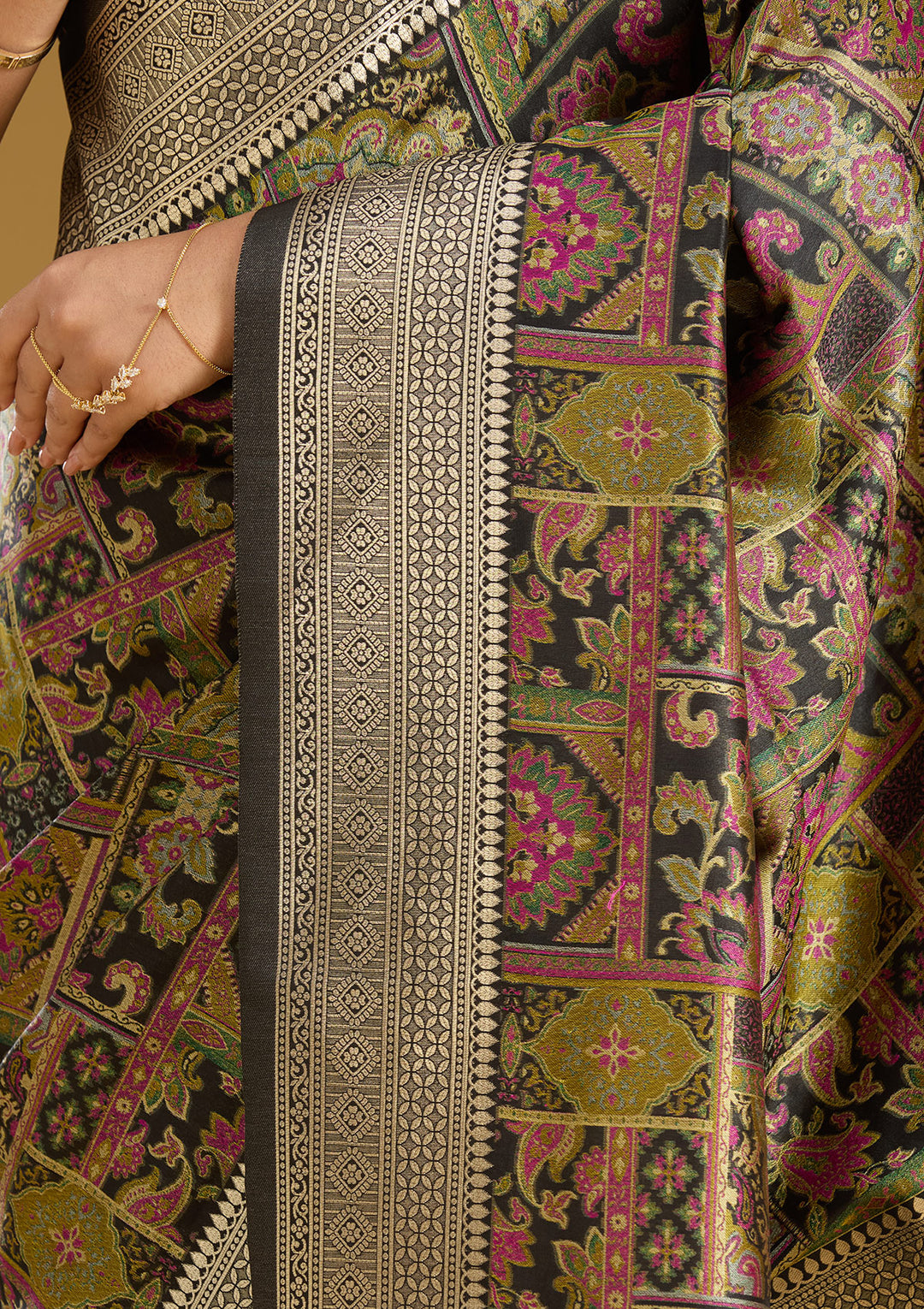 Black Silk Jaal Printed Saree With Matching Blouse Piece