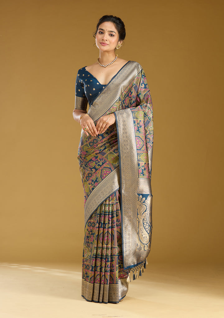 Peacock Blue Silk Jaal Printed Saree With Matching Blouse Piece