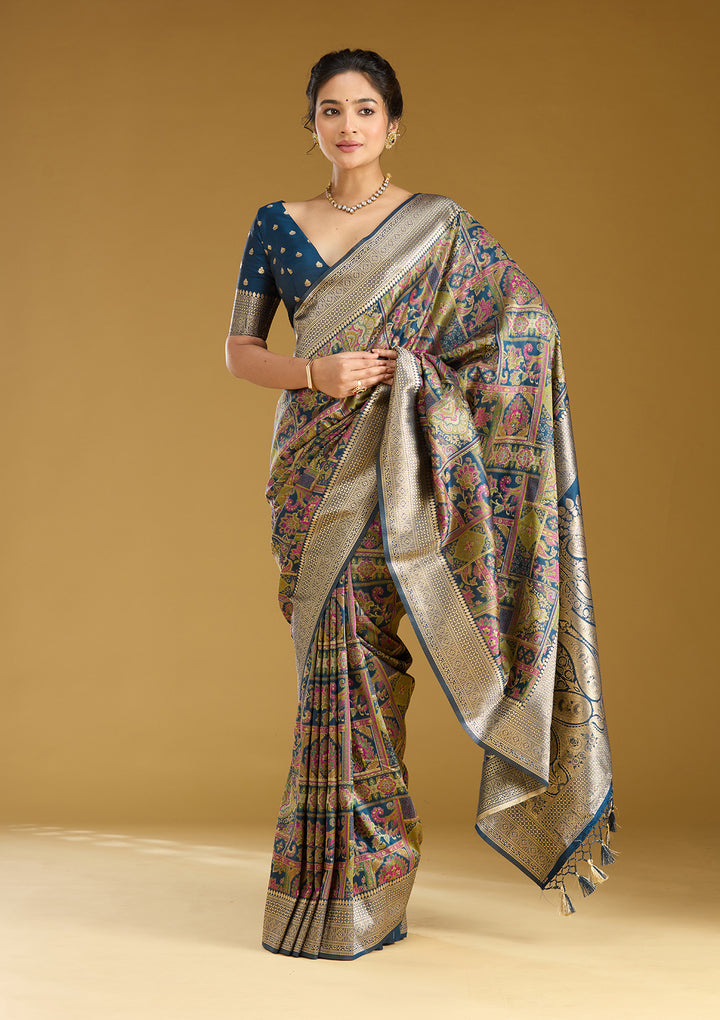 Peacock Blue Silk Jaal Printed Saree With Matching Blouse Piece