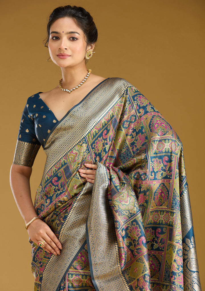 Peacock Blue Silk Jaal Printed Saree With Matching Blouse Piece