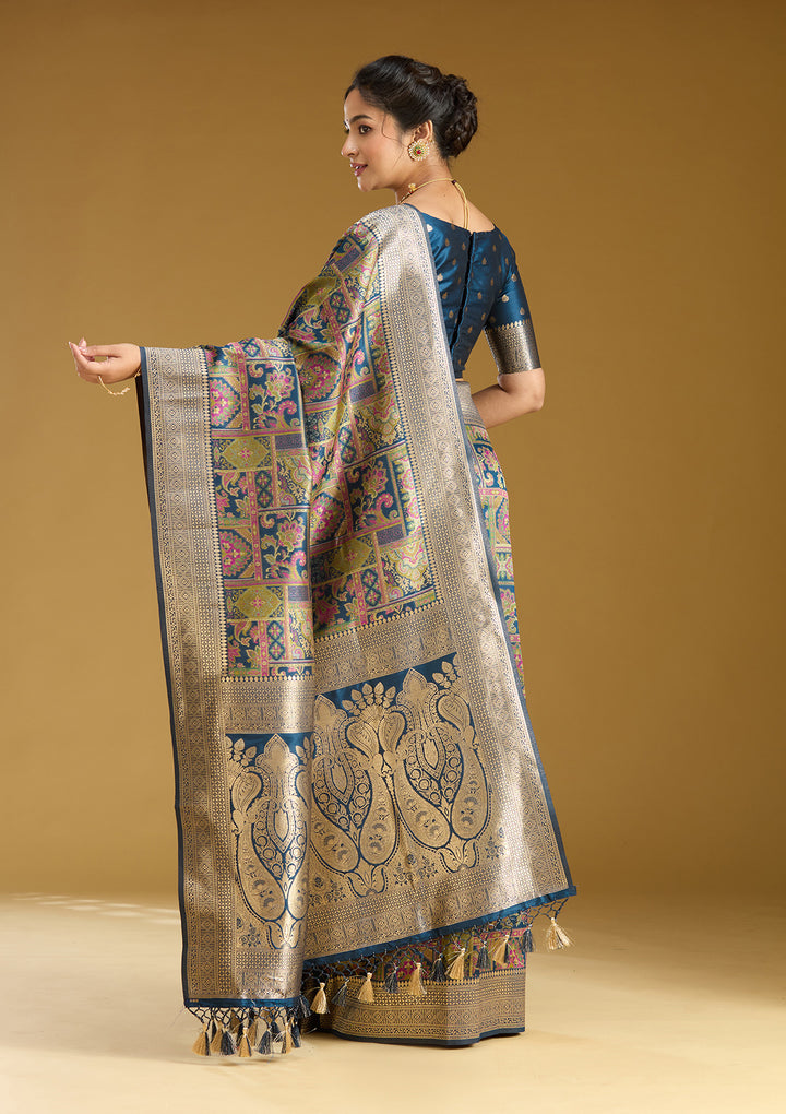 Peacock Blue Silk Jaal Printed Saree With Matching Blouse Piece