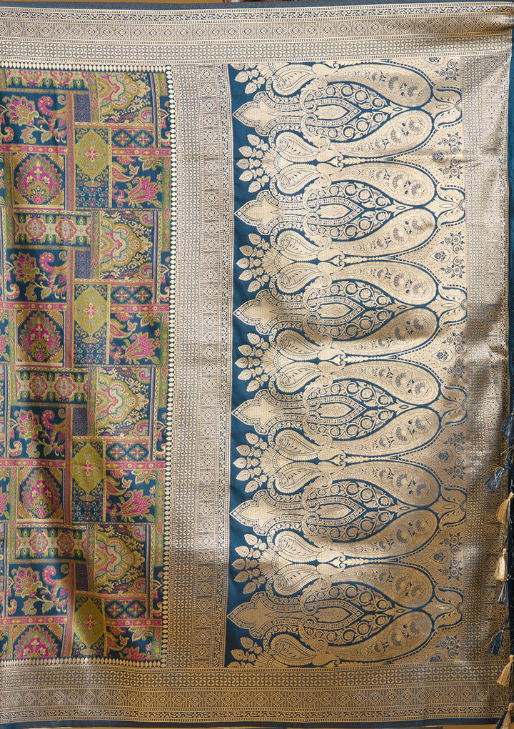 Peacock Blue Silk Jaal Printed Saree With Matching Blouse Piece