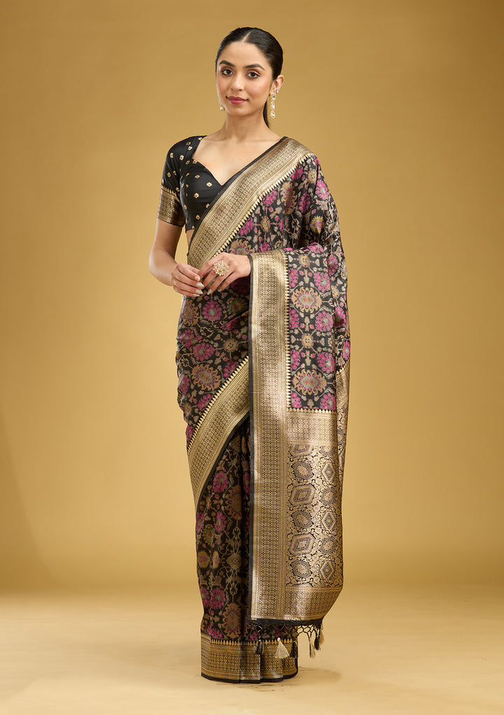 Black Silk Jaal Printed Saree With Matching Blouse Piece